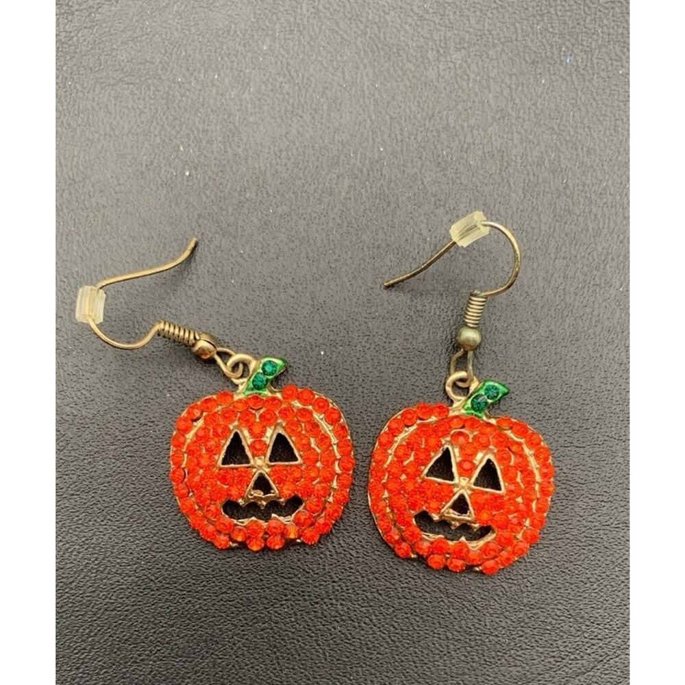 Jack-o-lantern Orange Rhinestone Dangle Halloween Earrings